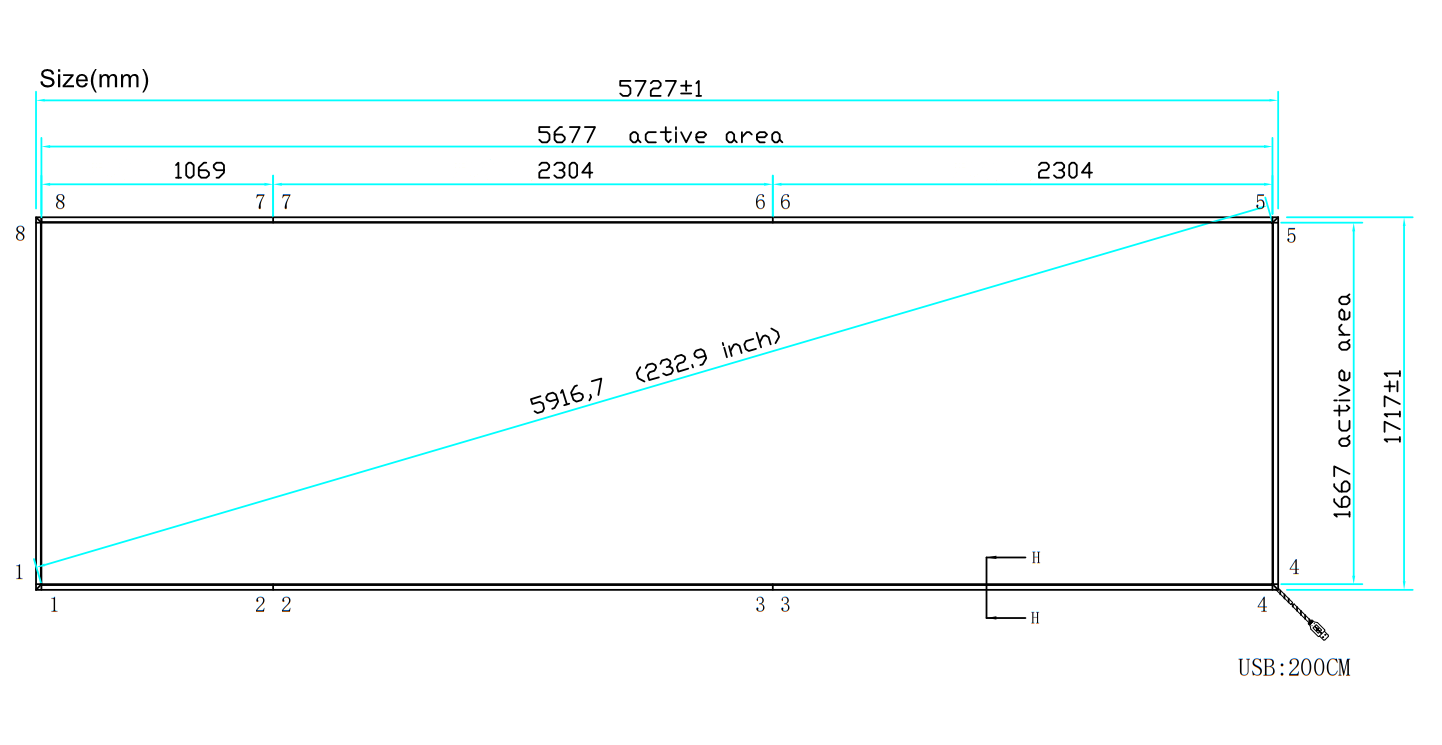 1X6 of 75inch touch screen monitor project with the total Infrared Touch frame design drawing size 233inch IR Frame