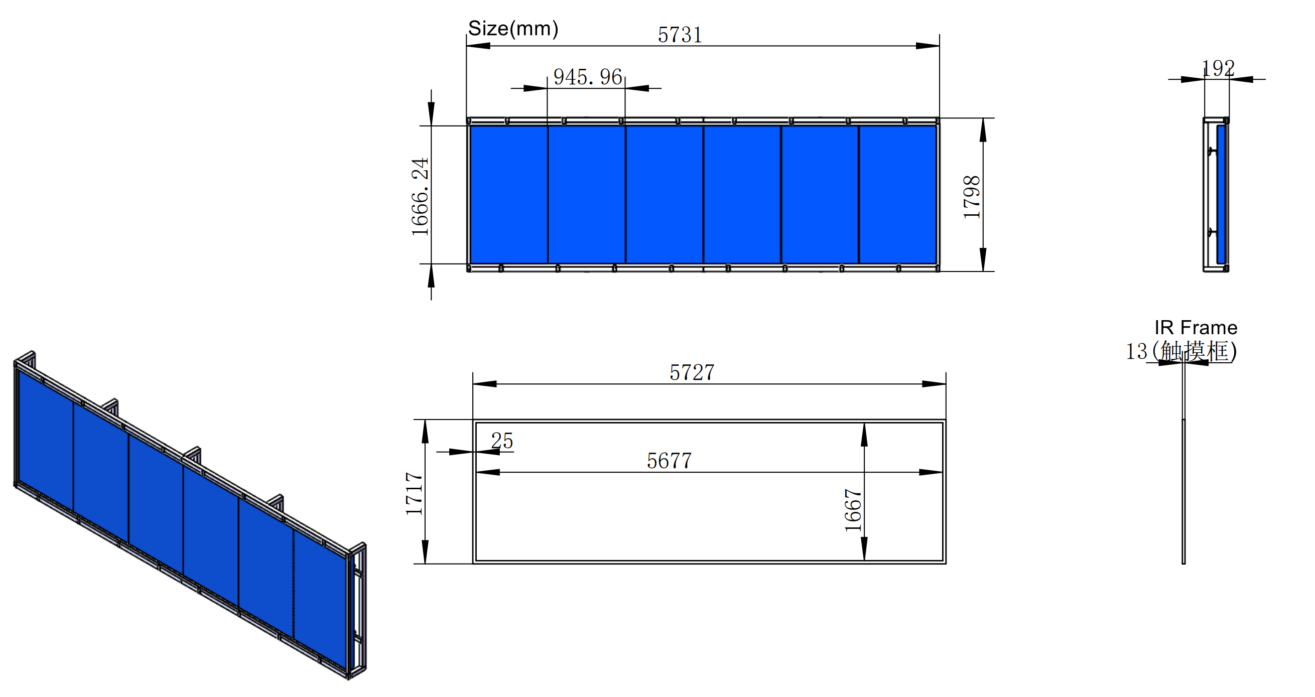 1X6 of 75inch touch screen monitors project IR Frame design drawing size